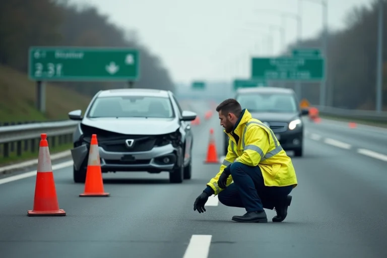 Intervenant en gilet haute visibilité inspectant des véhicules accidentés sur l'autoroute A31 avec des cônes de sécurité orange