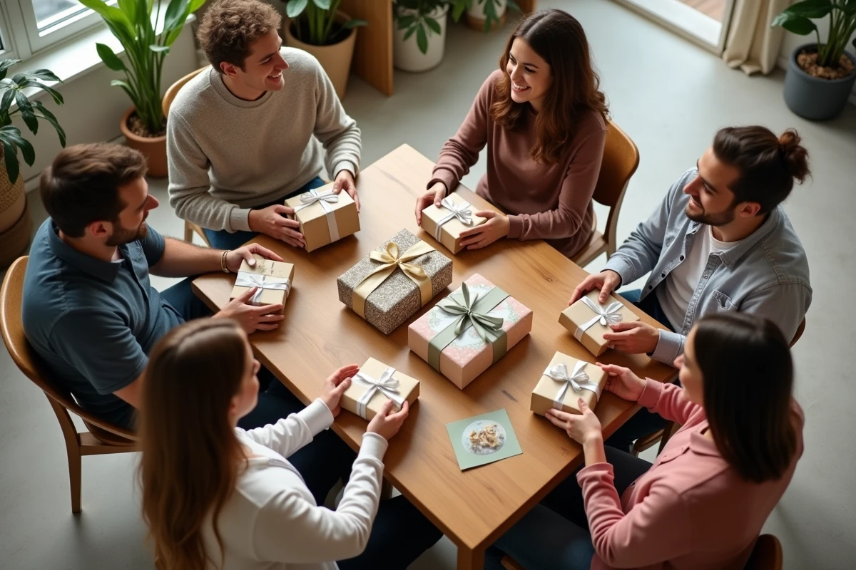Groupe d amis échangeant des cadeaux pour un bébé