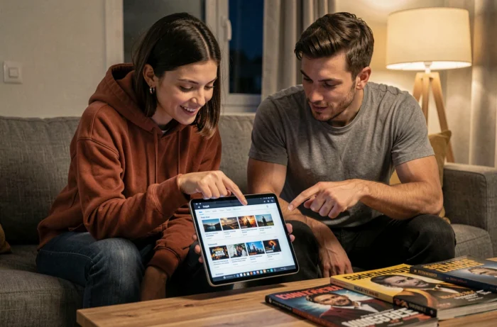 Deux amis explorant ensemble la page sitemap d'un site de cinéma sur une tablette dans un salon
