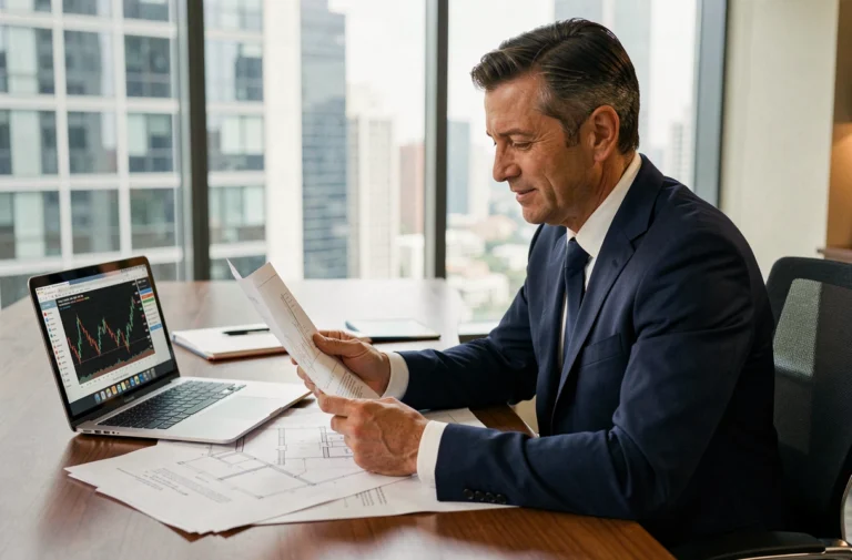 Analyste financier examinant des rapports d'investissement immobilier dans un bureau moderne avec vue sur des immeubles