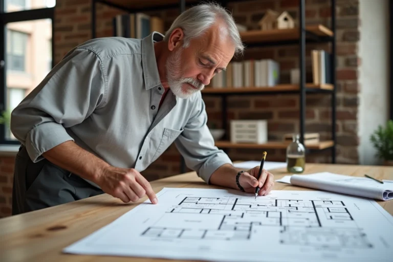 Architecte examinant des plans de construction sur une table de travail dans un studio de design