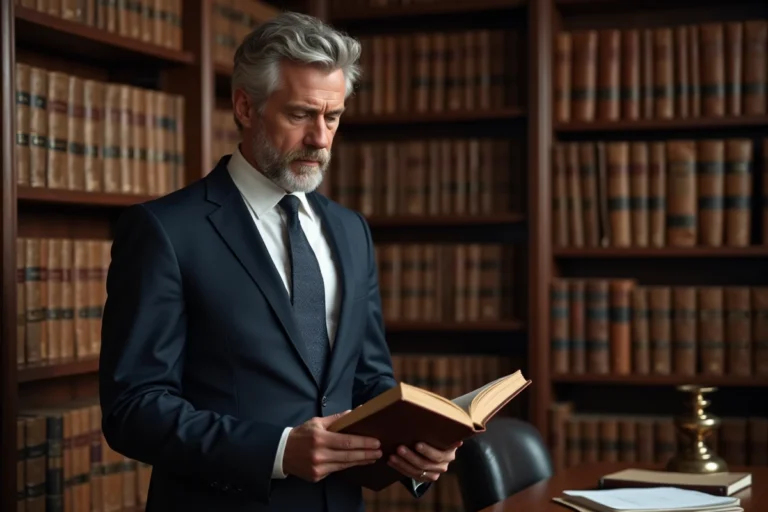 Avocat consultant un ancien traité juridique dans une bibliothèque du droit, illustrant l'étude des sources coutumières en droit