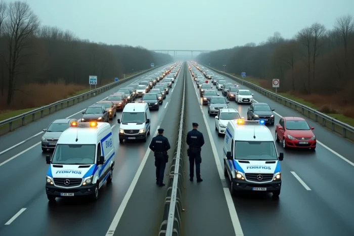 Embouteillage sur l'autoroute A31 avec des gendarmes français gérant un barrage routier après un accident