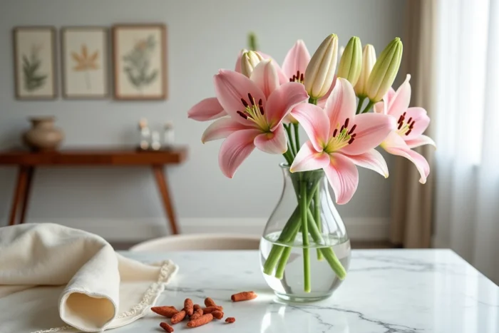 Bouquet de lys roses sans pistils dans un vase en cristal avec étamines retirées posées sur lin blanc