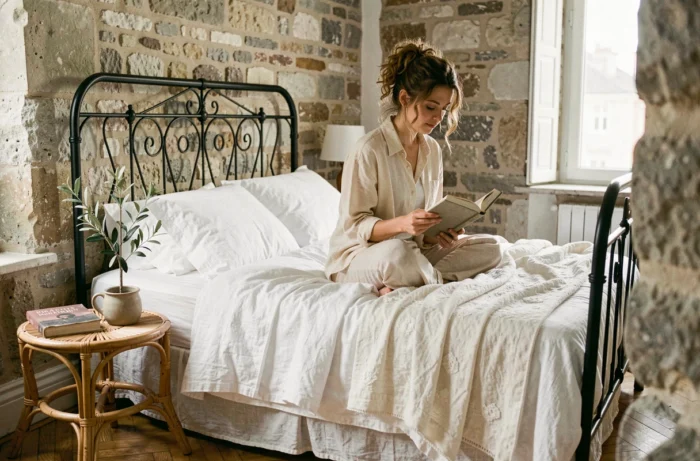 Chambre bohème parisienne avec murs en pierre apparente, parquet en chevrons et femme lisant sur un lit en fer forgé drapé de lin blanc