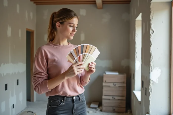Femme comparant des échantillons de peinture sur un mur d'intérieur en cours de rénovation
