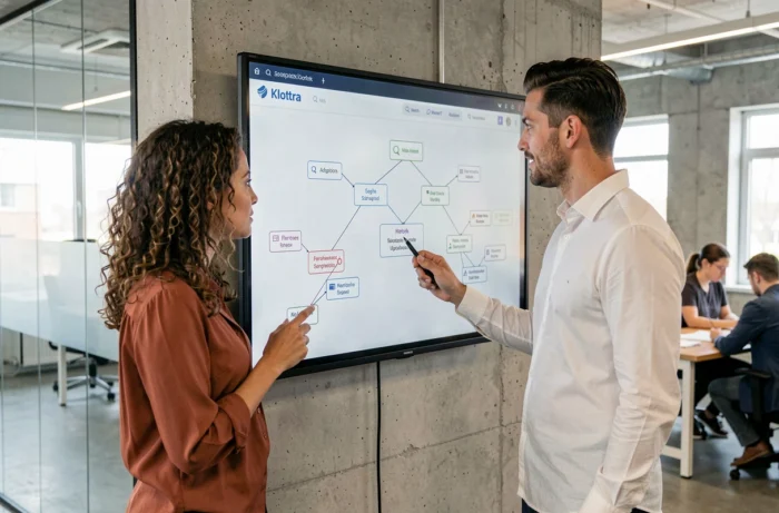 Deux collègues en réunion analysant la structure de navigation d'un sitemap de site web sur grand écran