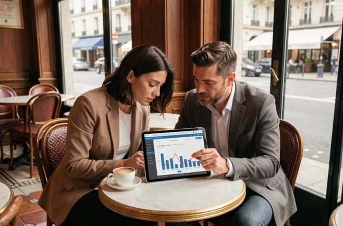 Deux collègues parisiens suivant une formation digitale en ligne dans un café