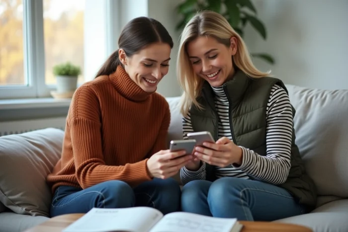 Deux femmes comparant des offres de ventes privées hiver sur leurs smartphones avec un calendrier et catalogue mode