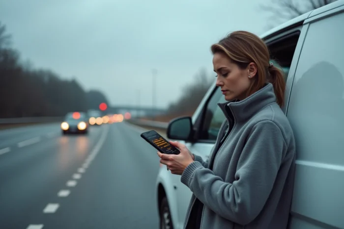 Conductrice consultant une application de diagnostic sur smartphone à côté d'un Mercedes Vito garé sur le bord de l'autoroute après l'apparition de voyants orange