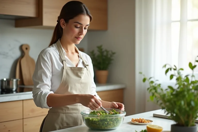 Femme versant du taboulé maison dans un récipient en verre hermétique avant congélation dans une cuisine moderne