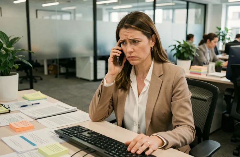Femme frustrée au bureau essayant de contacter l'équipe finance par téléphone sans succès