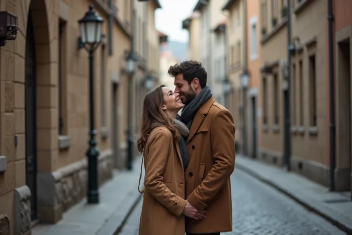 Un homme murmure 'ma belle' à l'oreille de sa compagne dans une rue pavée, capturant la complicité et la tendresse d'un couple