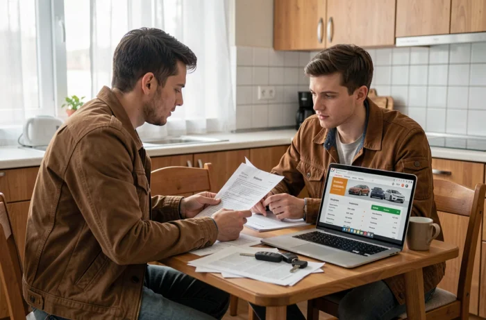 Couple examinant des documents et la valeur Argus d'une voiture sur ordinateur portable à la maison face à une réparation trop chère