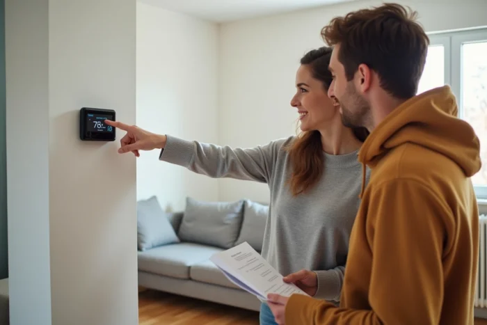 Couple consultant le thermostat connecté de leur pompe à chaleur air eau dans leur salon moderne