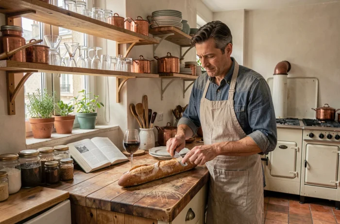 Cuisine parisienne authentique avec carrelage en terre cuite, étagères en bois et homme coupant une baguette sur un plan de travail en bois