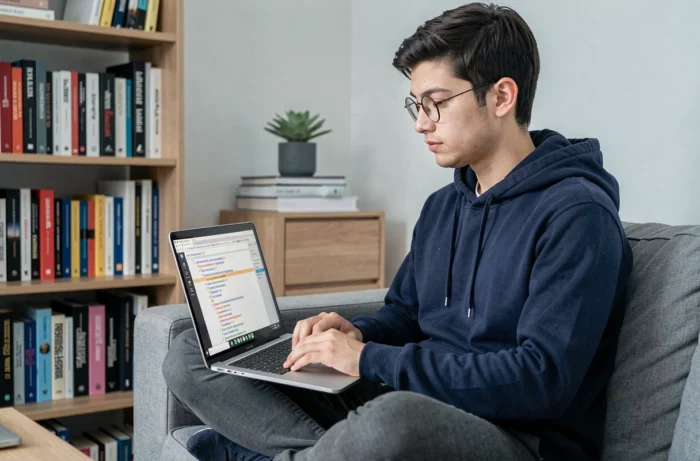 Développeur web masculin analysant la structure d'un sitemap XML sur un ordinateur portable à domicile