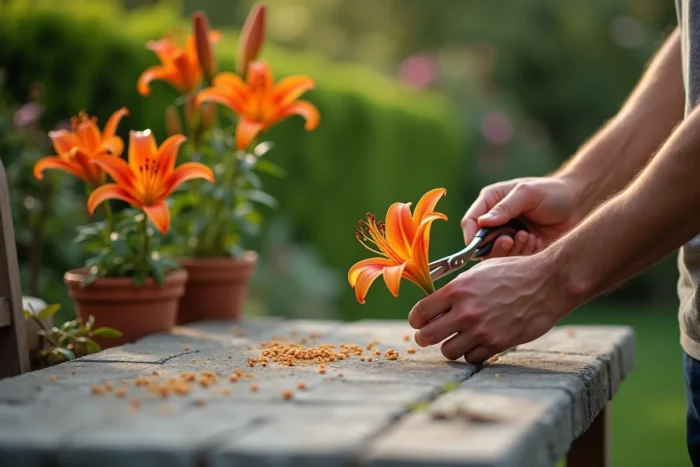 Homme retirant le pistil d'un lys orange avec des ciseaux de fleuriste dans un jardin fleuri
