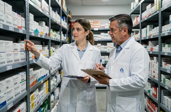 Deux professionnels de pharmacie collaborant dans une réserve de médicaments bien organisée pour optimiser la gestion des stocks et de l'inventaire