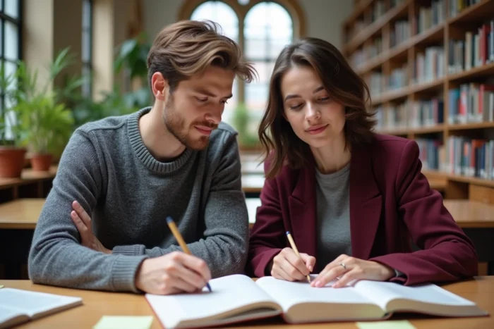 Étudiants en droit travaillant ensemble sur des manuels juridiques dans une salle de lecture universitaire, étudiant les sources du droit coutumier