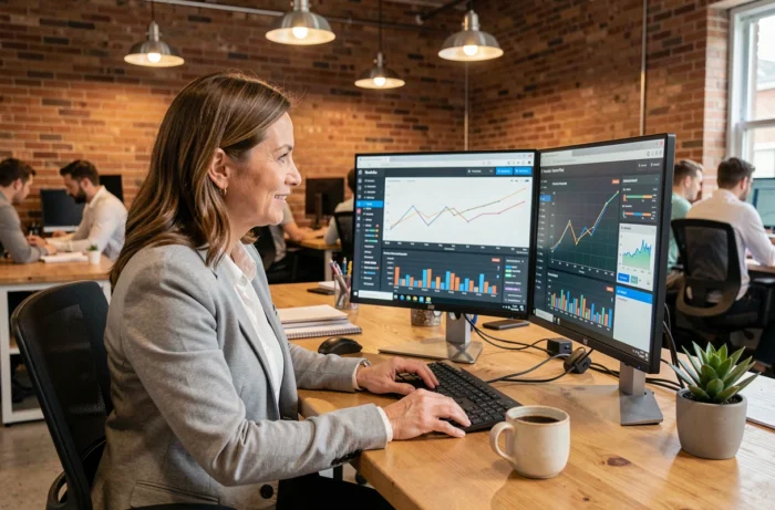 Femme analyste consultant des tableaux de bord de performance de foncières cotées sur double écran dans un espace de coworking