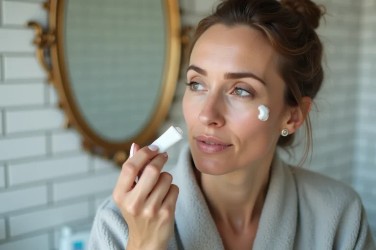 Femme appliquant le gel Ialuset sur le visage dans une salle de bain, avant après traitement de la peau