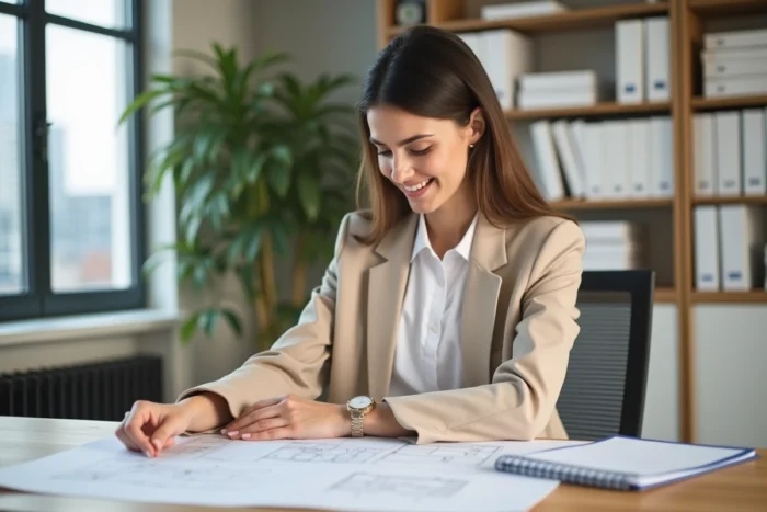Jeune femme confiante en bureau moderne avec plans architecturaux