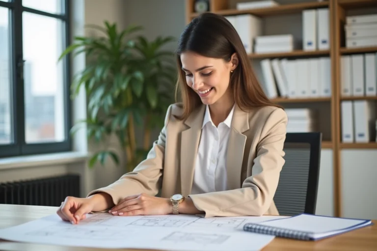 Jeune femme confiante en bureau moderne avec plans architecturaux
