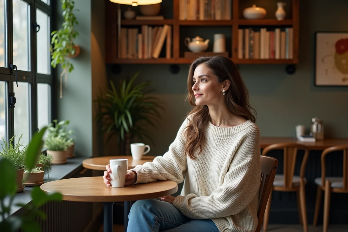 Femme assise dans un café avec pull en laine