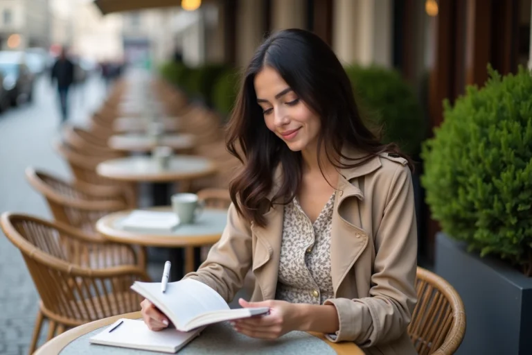 Jeune femme au café parisien en trench beige