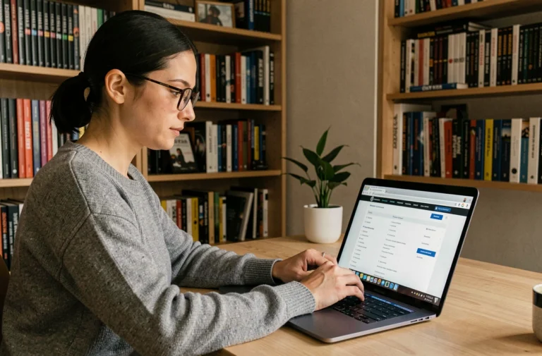 Femme consultant la page sitemap d'un site cinéma sur son ordinateur portable dans un bureau à domicile