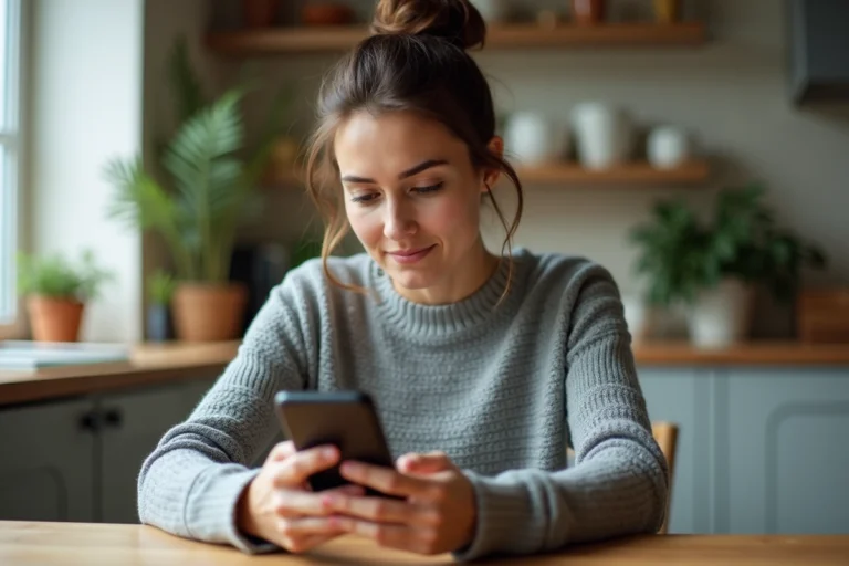 Femme consultant son smartphone pour identifier un appel manqué, assise dans une cuisine moderne