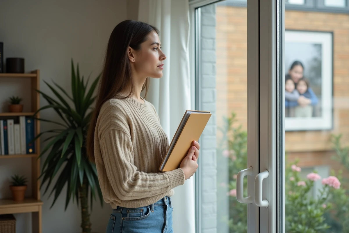 Jeune femme regardant par la fenêtre avec un dossier