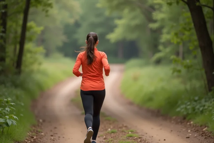 Femme courant en forêt avec tenue sportive colorée
