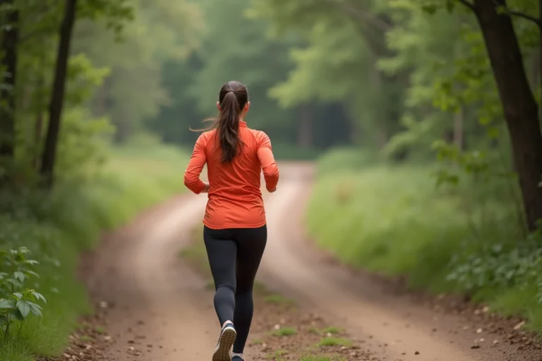 Femme courant en forêt avec tenue sportive colorée