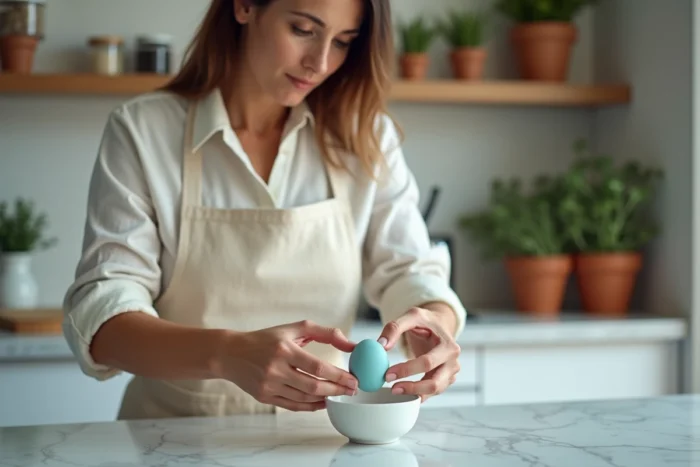 Femme cassant un œuf bleu Araucana dans un bol en céramique blanche dans une cuisine moderne avec plan de travail en marbre