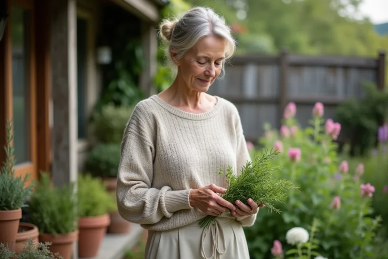 Femme cueillant des herbes dans un jardin rustique