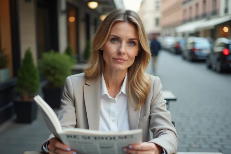 Femme en terrasse lisant un journal avec attention