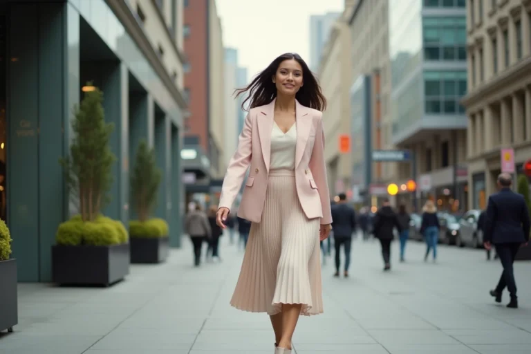 Femme élégante en blazer pastel marchant en ville