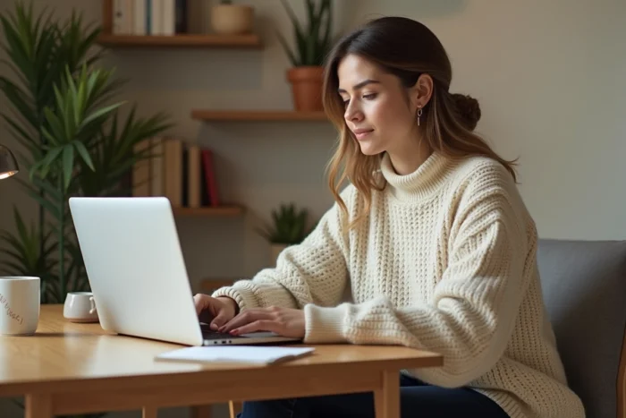 Femme préparant ses achats pour les ventes privées hiver 2025 sur un ordinateur portable avec liste manuscrite et café