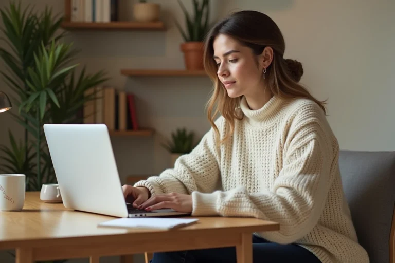 Femme préparant ses achats pour les ventes privées hiver 2025 sur un ordinateur portable avec liste manuscrite et café