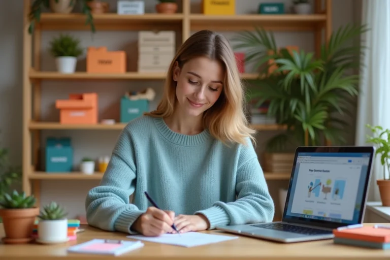 Femme rédigeant une lettre manuscrite pour demander des lots gratuits à des entreprises, entourée d'échantillons et de colis colorés sur un bureau en bois