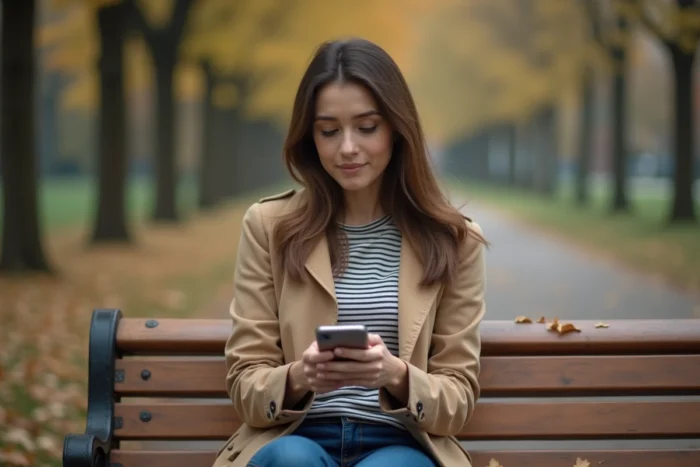Une femme réfléchit au sens du mot 'ma belle' reçu par message, assise seule sur un banc en automne