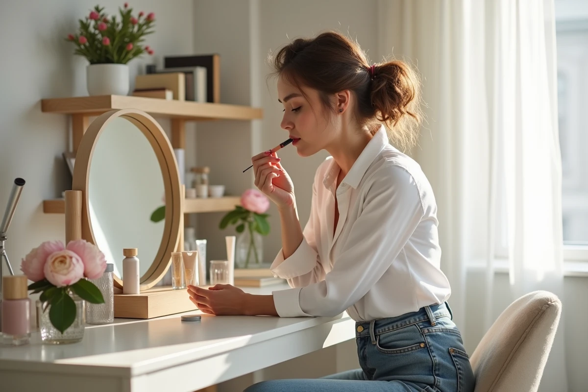 Femme appliquant du rouge à lèvres dans sa coiffeuse