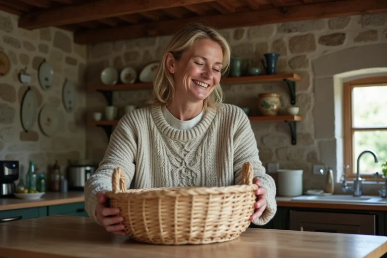 Femme souriante en pull tricoté dans cuisine bretonne