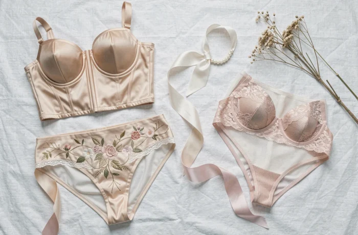 Flat lay éditorial des tendances lingerie de la saison : corset satin champagne, culotte brodée, body en mesh et accessoires sur lin blanc