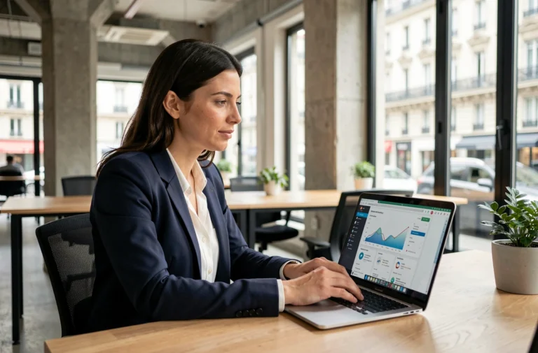 Salariée parisienne suivant une formation digitale dans un espace de coworking moderne