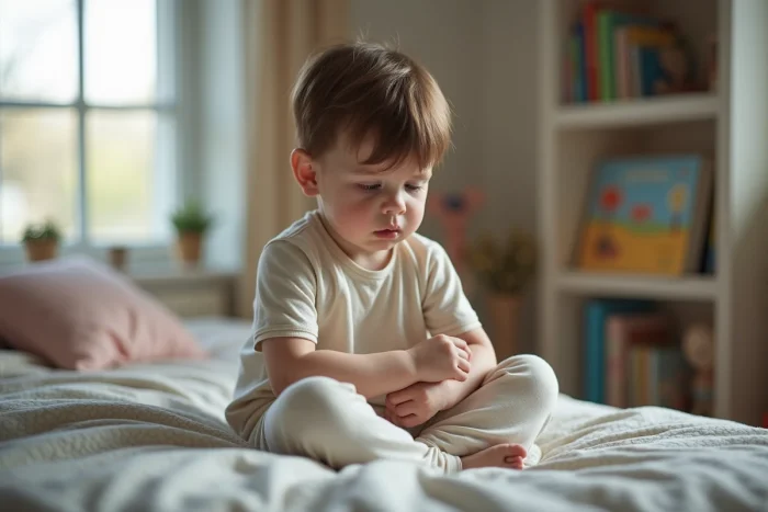 Garçon de 7 ans en pyjama coton avec varicelle