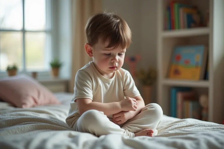 Garçon de 7 ans en pyjama coton avec varicelle