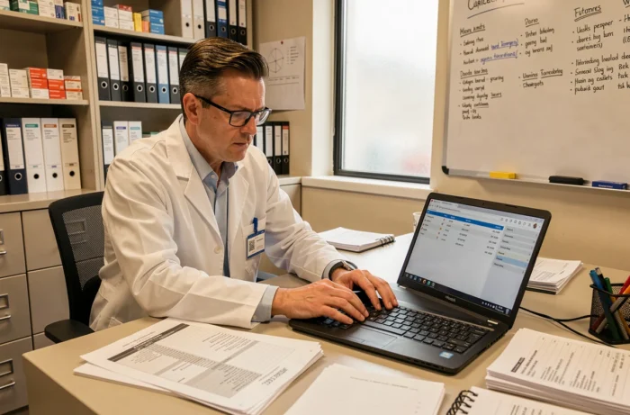 Gérant de pharmacie analysant des rapports d'inventaire et un logiciel de gestion sur ordinateur portable dans un bureau administratif